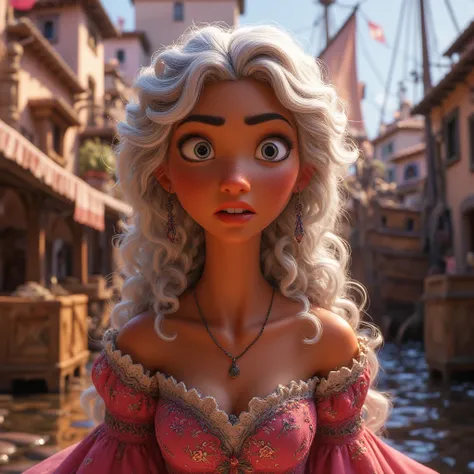 Make a realistic image of a 1 girl Black cashew skin , white hair and blue-gray eyes.
She is wearing a pink medieval dress, and is in a medieval maritime setting. 