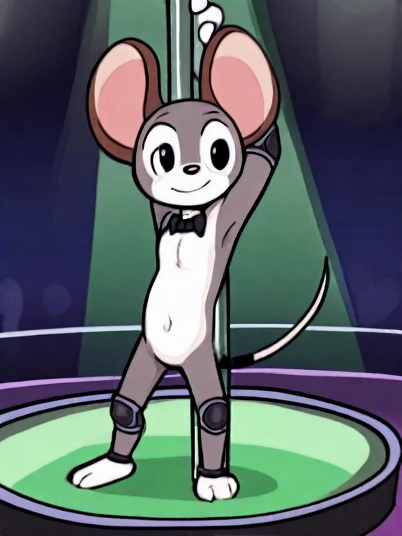  humanoid mouse,Two-headed body,Round ears,black eyes, short tail ,Naked,fur,three toes ,four fingers,Gray body,white boobs,White belly,white hands and feet,Nightclub,Elbow pads,ankle brace,Black Tie,Pole Dancing,Sexy,black boxer,2D, best quality ,masterpi...