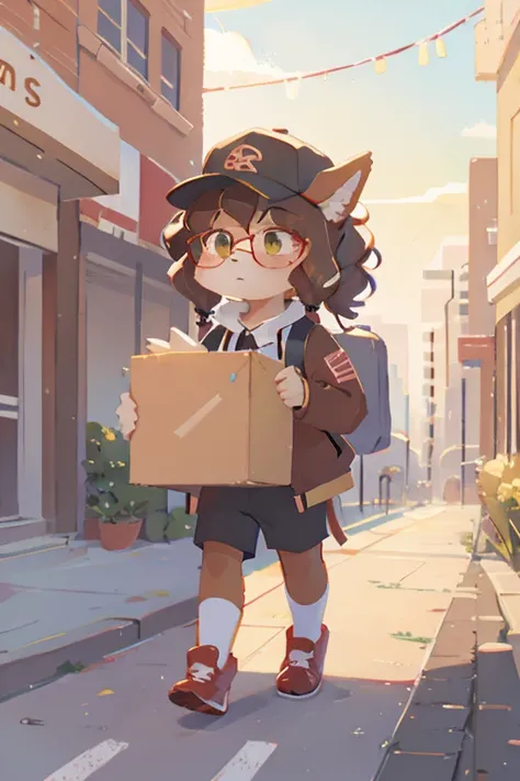  1 girl, furry,  anthro , dog歯, dog, woman, dog_ear, curly_hair, black_fur, brown_fur glasses, delivery_driver, baseball_ cap ponytail ,  walking down the sidewalk , ((大きい段ボールをdeliveryする)), tired, brown_uniform, brown box_track,  amazon