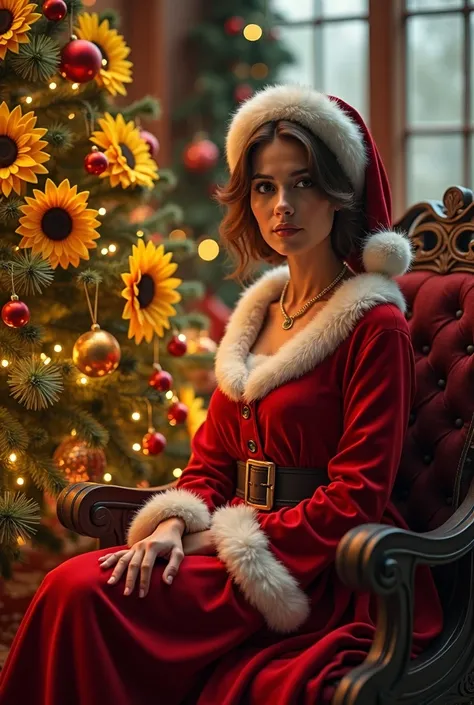 Prompt: “A hyper-realistic scene featuring a beautiful Western-featured woman with a defined jawline dressed as Mrs. Claus. She is sitting gracefully beside a Christmas tree adorned with vibrant sunflower decorations. The festive setting includes a richly ...