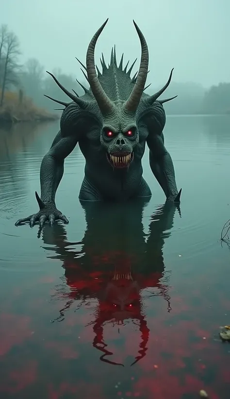  A dangerous lake monster that looks human ,  but its back has thorns and its face is creepy and its half coming out of the water and is going to attack a girl, and blood is everywhere  