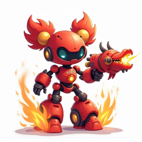  Two big tufts of hair on one body head Cute Robot red white background head A little larger ， Two legs each standing on top of a wind wheel ， Wind wheel surrounded by flame ， Handheld Red Dragon Gun ， Body Red Ayan Ribbon ， Cute but energetic ，Weifeng Rin...