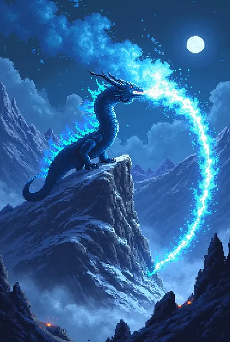  Blue dragon on a mountain spitting blue fire at night, exaggerated pixel art 