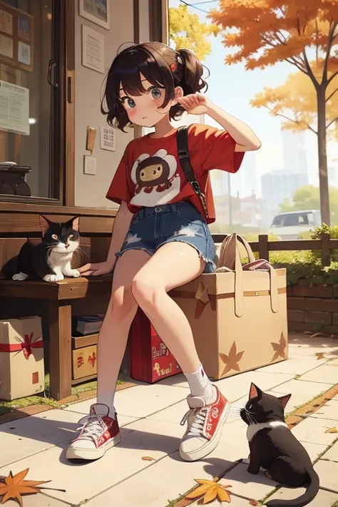   Masterpiece ,  best quality,  Masterpiece ，  best quality，Cute doodles，  funny, Excellent, S，Short length，Curly hair, Two tail hairs，  bright  , Curious Eyes ，Freckles， thick eyebrows， Santa Claus Outfit ，長袖のShort white T-Shirt，Very short denim miniskirt...