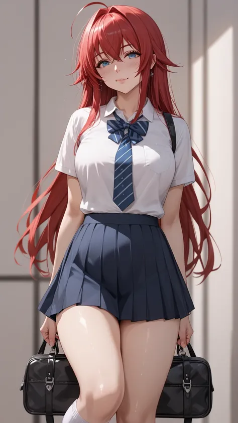 Rias Gremory, dxd,  Kuoh school uniform clothing , short skirt,  schoolgirl shoes with long white socks, sexy thighs and legs , Cute blushing cheeks while standing . best quality realistic 