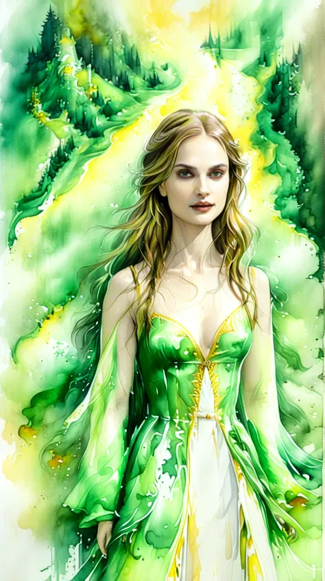 Ink and watercolour illustration on parchment. (masterpiece),  best quality, natalie portman, in a surreal landscape, painting style with watercolor,  green eyes, green and yellow, 1girl, elf, naked, thin white robe, auburn (long:1.95) hair