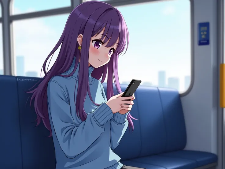 keqing with long purple hair and blue sweater sitting on a train looking at her phone, an anime drawing inspired by Rei Kamoi, trending on pixiv, shin hanga, anime moe artstyle, ; visual novel, realistic anime artstyle, visual novel cg, made with anime pai...