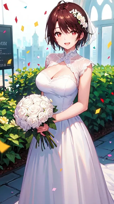 masterpiece, best quality, girl, solo, looking at viewer, yuuta_kadowaki, large breasts, wedding Dress, standing, garden, confetti, holding bouquet, smile, open mouth,