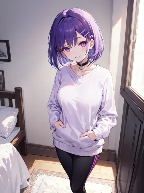  1 girl , solo, Purple Hair,  bob hair, Beautiful breasts, medium chest ,White sweater, sweater dress, BLACK CHOKER , hair clip,leggings,Slanted Eyes, Light purple eyes,  closes her mouth,  smiles, Seductive Smile , standing,Hands Behind Back, high definit...