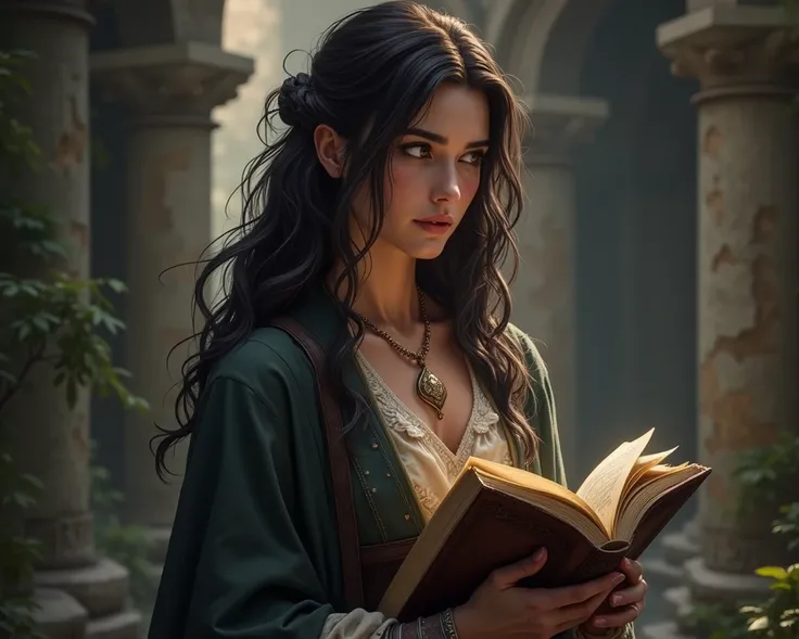  generates a close up of the character Amara , the Historian ,  she is 25 years old , Description: , Amara is wise and cautious. , , always with an old book about the legends of Crystal. Although she seems strong ,  doubts about her past haunt her . , foll...