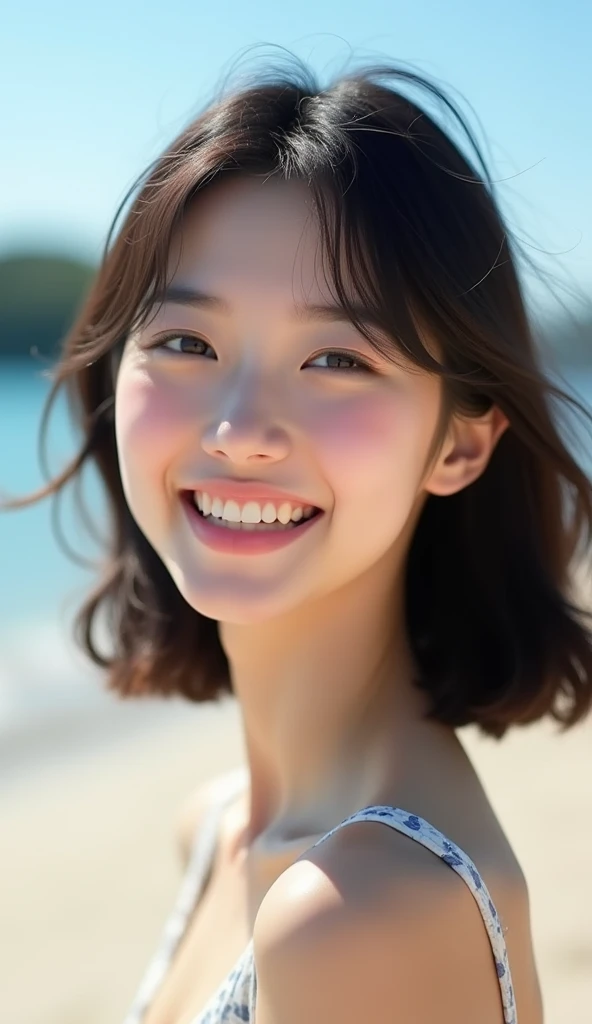 Ultra Realistic, Photo, Top Quality, 8K, 32K, Cute Japanese Woman, beach, happy, smiling, blush, knee high, blue sky, shoulder length hair, photo, blurred background only, detailing, --s 750 --v 6.0