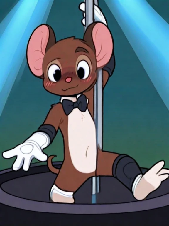  humanoid mouse,Two-headed body,Round ears,black eyes, short tail ,Naked,fur,three toes ,four fingers,brown body,white boobs,White belly,white hands and feet,Nightclub,Elbow pads,ankle brace,Black Tie,Pole Dancing,Sexy, blush,ambiguous,black boxer,2D, best...