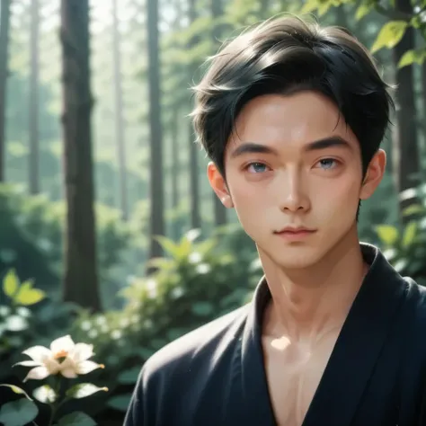 score_9, score_8_up, score_7_up, (master piece:0.9)Im taking a walk in a beautiful forest,Nagi XL,japanese beautiful boy, 19-years-old,black hair,dark blue eyes,small smooth face,(slim),(petite:0.9)