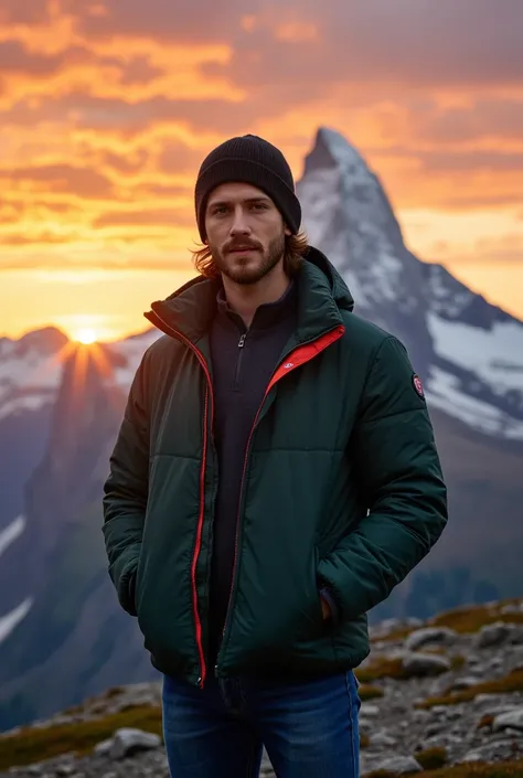  portrait of a young Canadian handsome man wearing a dark green puffer jacket with red piping, black beanie, and jeans standing against a majestic mountain range under a breathtaking sunset.