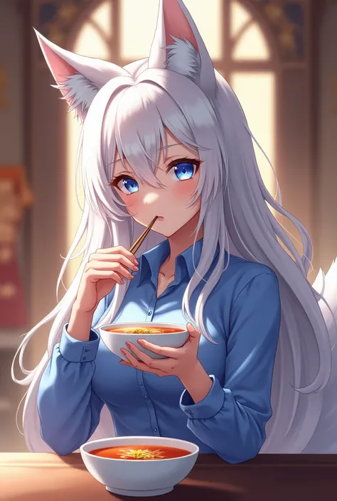  Woman with wolf ears and wolf tail, the one wearing a graceful blue dress shirt , blue eyes, , Long white hair , anime eating soup in the palace
 Detail , HD, 