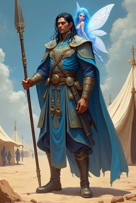  A man with light brown skin,  neck-length black hair . He is tall,  wears a blue imperial guard costume and holds a spear .  Hes in a finish with military tents in the middle of a desert.  She has a girl with long hair ,  shes the size of a fairy . Shes b...