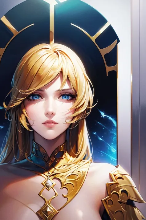 [art, ultra graphic, detailed image, 4k, 32k] image focused on the characters face, character looking at the viewer, a maiden, golden hair and deep blue eyes, full lips and incredibly beautiful face, confident expression on the face, detailed eyes