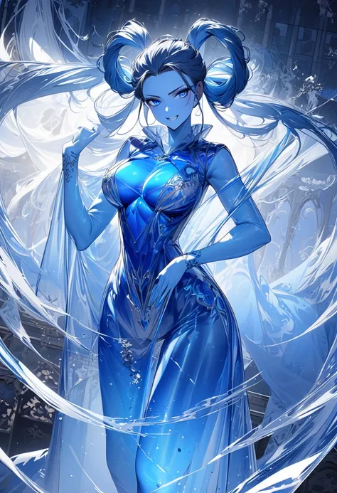 (beautiful and delicate) (Spectacular views illustration), (in a vivid blue Transparent clothes), solo, (beautiful blue skin), hair slicked back, hair rings, vivid blue absurdly long hair, best immensely cool beauty Woman, age 350, best cool deep blue eyes...