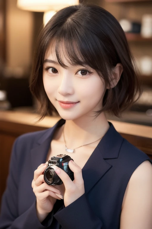  eyes that are drawn in, cute double , Mysterious woman eating shortcake very deliciously,  inside a calm cafe ,  short hair with loose inner curls,  clothes chosen for a date , Talented , Kind personality,  woman who is very particular about the details ,...