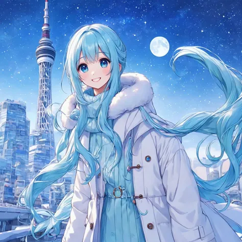 Crescent Moon on Skytree 、 starry sky 、 light blue long hair、 Beautiful Girl with Twin Tails 、 bright smile、white down coat