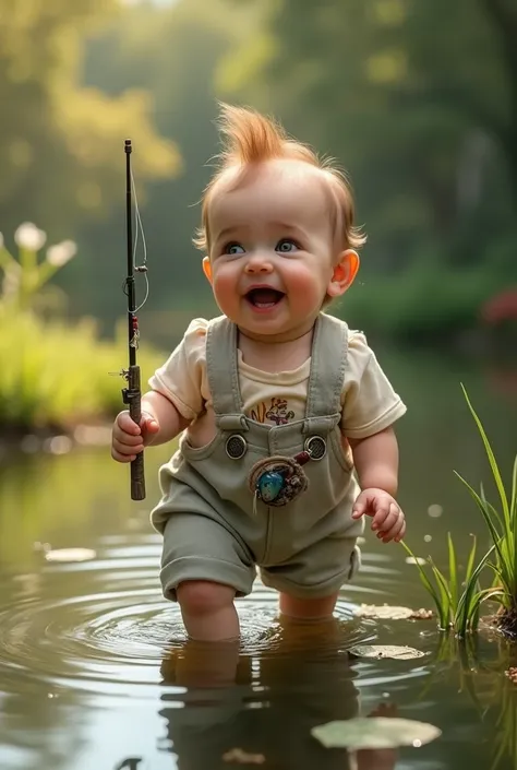 Healthy baby, model for fashion show, dancing wearing baby fishing outfit with, studio lighting, in beautiful pond in background, realistic and intricate details, warm colors