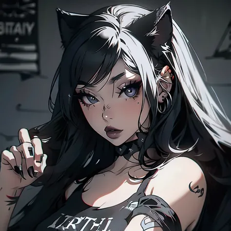 Digital illustration, digital art, high quality art, 1girl,  postrait, upper body, gorgeous face, pale skin, black long hair, oppai, she wearing in grounge aesthetic style,  black make up like death_metal style, cigarette in the fingers,  cat nails style,m...