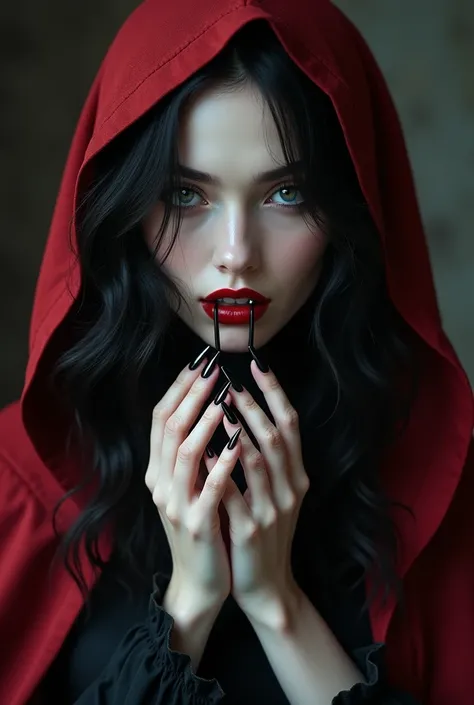  Woman with wavy black hair ,  pale white skin , Red lips wine showing fangs,  wearing a black medieval dress , with wine red hoodie with pointed black nails 