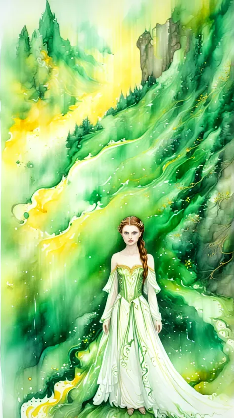 Ink and watercolour illustration on parchment. (masterpiece),  best quality, padme amidala, in a surreal landscape, painting style with watercolor,  green eyes, green and yellow, 1girl, elf, naked, thin white robe, auburn (long:1.95) hair