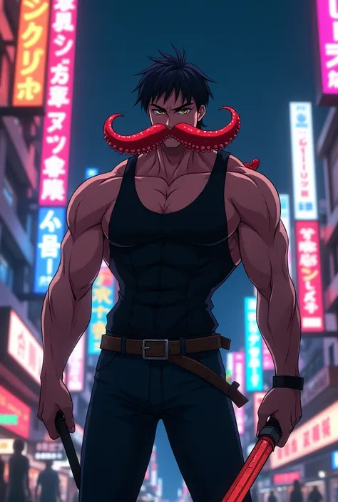 An anime man stands in a Japanese city at night, with lights, wearing a black vest, in his hands, with a red octopus mustache as a weapon.