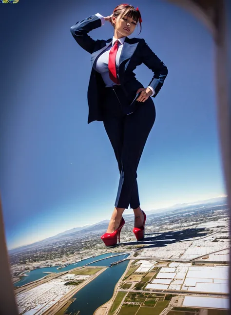 Giantess art 1:4, highly detailed giantess shots, giant bbw woman full body view, giga giantess, giantess art massive compared to a city,  huge breasts, light navy blue pinstriped suit white tailored shirt done up thick and very large Windsor knot navy blu...