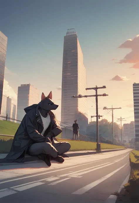 landscape, Scenery,  there are no humans, building, plano general, semi-realistic,  masterpiece ,   sharp focus,  full coat,  absurdres, highres,  dynamic lighting , collapse, dusty, asphalt. comic strip , drawing of a black bat sitting , friendly look but...