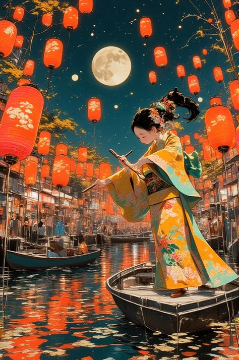   Aomori Nebuta Festival 、 giant lanterns 、 dancing woman in yukata 、 surreal collage, a contemporary artistic collage, collage artwork,     new album cover    ,    Great job! , digital collage, ( collage ), collage art, contemporary collage, mixed media c...