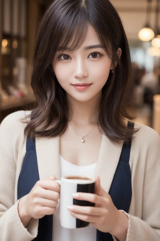  eyes that are drawn in, cute double , Mysterious woman eating fruit tarts so deliciously,  inside a calm cafe ,  short hair with loose inner curls,  clothes chosen for a date , Talented , Kind personality,  woman who is very particular about the details ,...