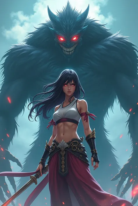  Create an anime-style warrior woman with a monster appearing behind her, This monster she is large and has thirteen eyes ,  two normal white eyes and a red eye on her forehead 