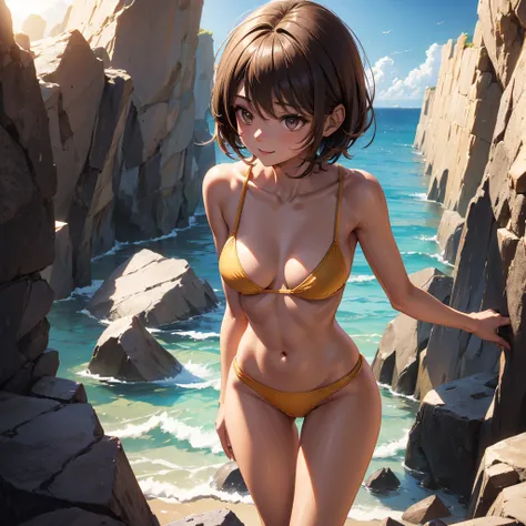 (boyish girl:1.5), Alone,

(dark brown hair),short hair,Bad hair
BREAK 
(light brown eyes),(big eyes),
break
bikinis、

(slender beautiful body,slender beautiful legs,beautiful breasts),

shy smile,(tan),

beautiful seaside sandy beach 、 standing、 high defi...