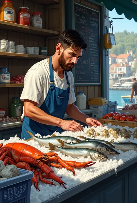 Messi is selling fish in the shop