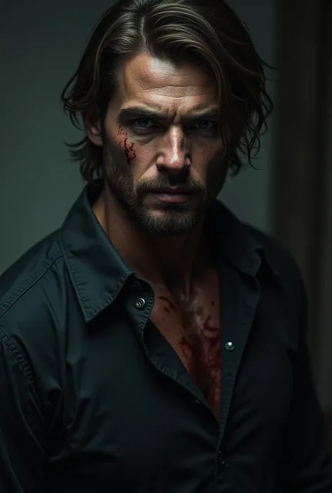  Create a man with the same style as Alan Wake. With slightly short and wavy hair .  with an air of mystery . with beard. All bloodied , At least with a few drops of blood on your face and clothes 