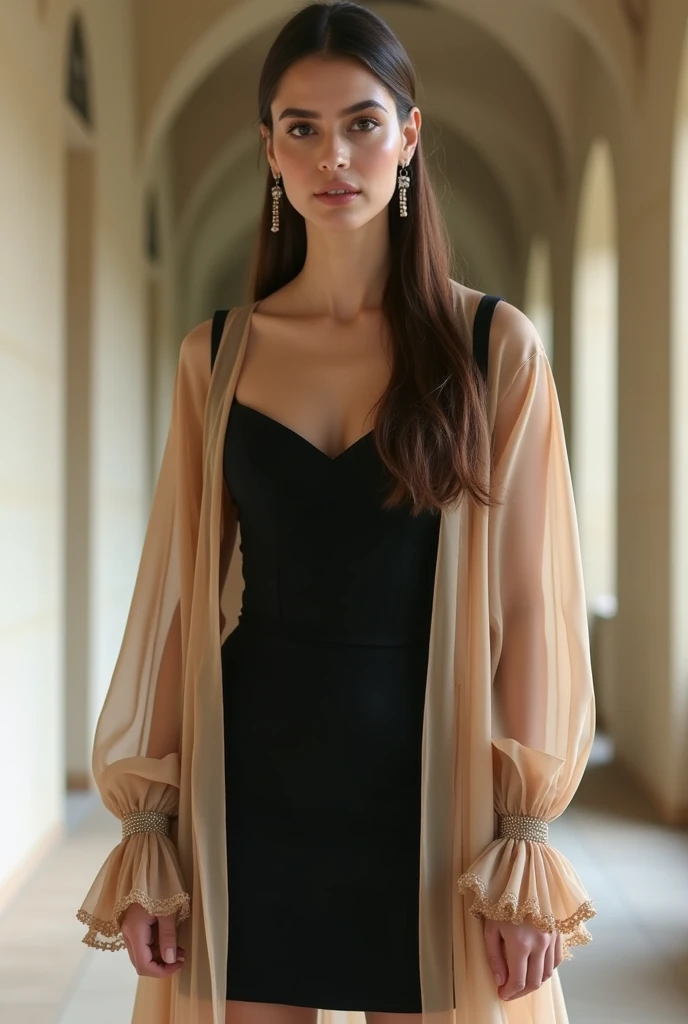 A beautiful Pakistani girl with long silk ponytail hair Straight forward wearing "Step into elegance with this chic two-piece ensemble! Featuring a sleek black mini dress as the base, paired with a delicate sheer chiffon overlay in a soft golden beige tone...