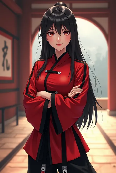  masterpiece ,  better quality ,  illustration,  science fiction , Alone,  feminine approach , A 21 year old woman with a charismatic but rude appearance,  long hair ,  striped hair ,  black hair,  red hair,  red kung fu practitioners clothing with black s...