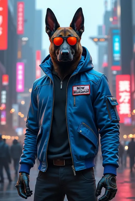 Malinois dog full body humanoid terminator blue leather jacket with sunglasses patch written New Natural in a futuristic cyberpunk city 