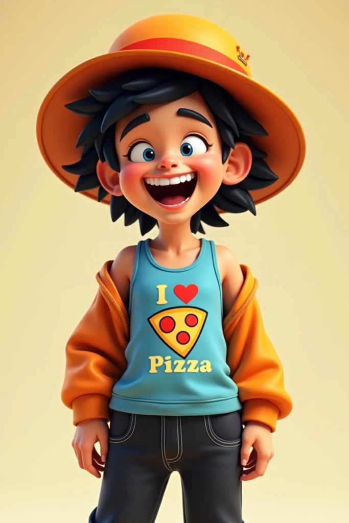  Silly laugh ,  t-shirt I  <3 pizza ,  orange hat with black hair ,  Australian hat ,  Black Pants ,  blue tank top and womens body