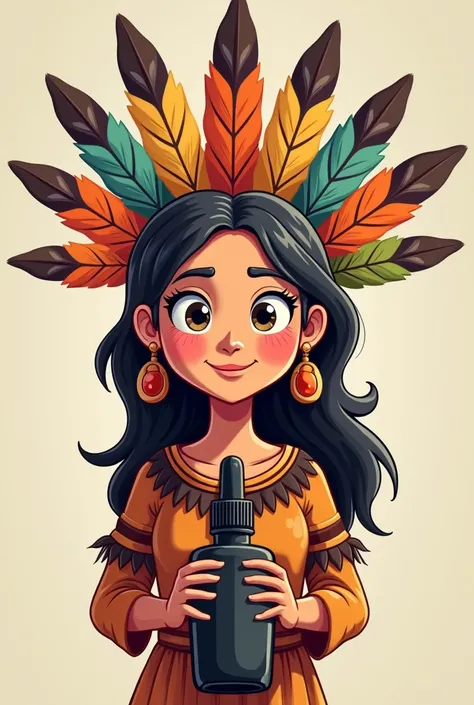  Cartoon of an indigenous woman with a headdress, with a dark bottle with a dropper in your hands 