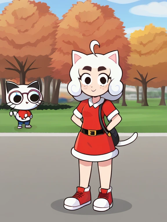  Masterpiece ,  best quality,  Masterpiece ，  best quality，Cute doodles，  funny, Excellent, S，Short length，Curly hair, Two tail hairs，  bright  , Curious Eyes ，Freckles， thick eyebrows， Santa Claus Outfit ，長袖のShort white T-Shirt，Very short denim miniskirt，...