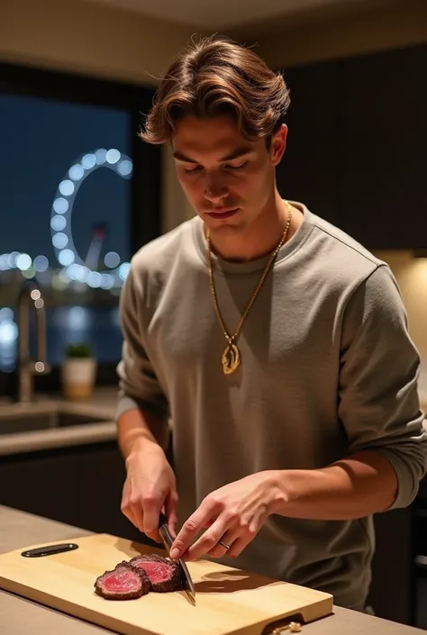  create image “20-year-old man , Beauty like Lachowski , short wavy hair,  brown eyes ,  tanned skin , strong,  Athletic Physique. Wearing gray sweatshirt Adidas , gold necklace.  He is cutting filet mignon on the cutting board in a luxurious and modern ki...