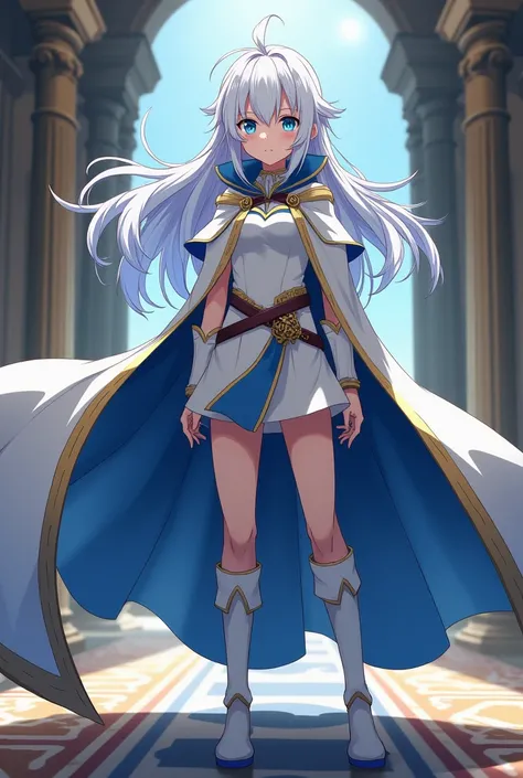 White hair with blue in it, sky blue eyes, young girl, anime drawing, simple royal costume closed that does not reveal parts of the body, royal cloak, without chest opening, royal chamber background, dangerous, serious, beautiful, strong build, , Fighter, ...