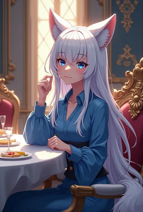  Woman with wolf ears and wolf tail, the one wearing a graceful blue dress shirt , blue eyes, , Long white hair , anime sitting at the dining table in the palace
 Detail, HD, 