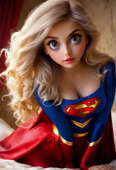 A cute woman(age 20, role of Super Girl, big bright eyes, long silky blonde hair, sexy outfit deep cleavage neckline and belly exposed) Striking a heroic pose, bedroom with open windo)
