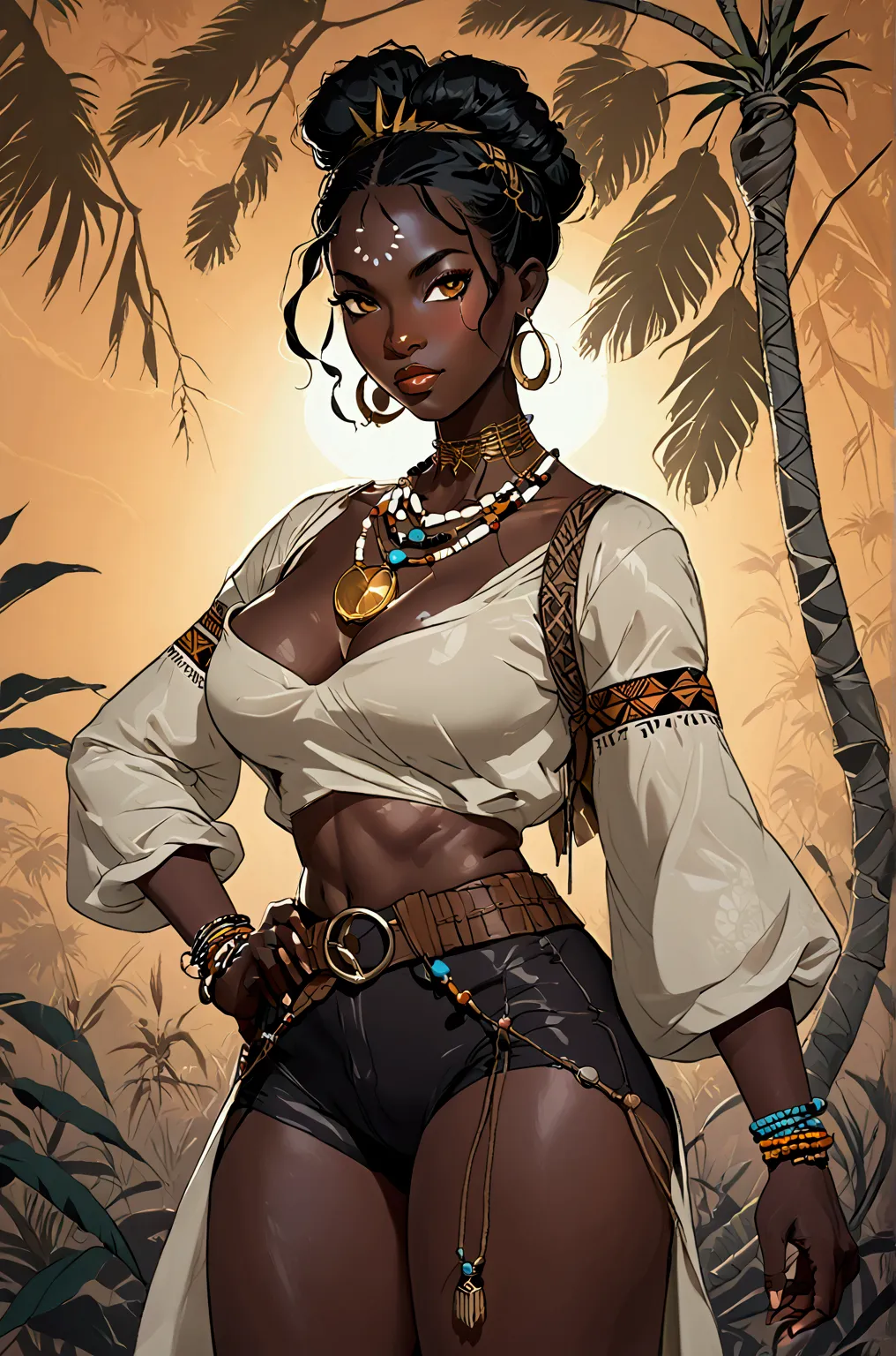 ((dark skinned female, slim-thick body, curvy hips, plump breasts, thick thighs)) create a high-fantasy character portrait of ai...