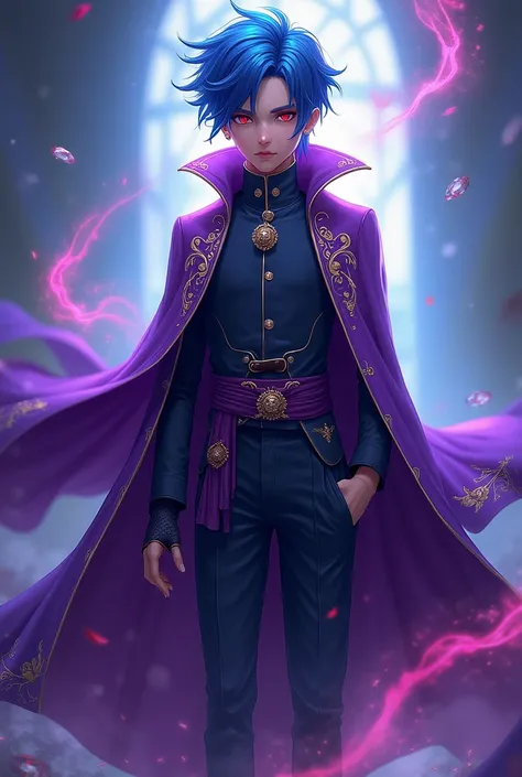 Red  eyes 
Purple outfit 
Smart look 
Blue hair 
Magicians coat 
Massive amounts of aura 
And he is a boy smartest 