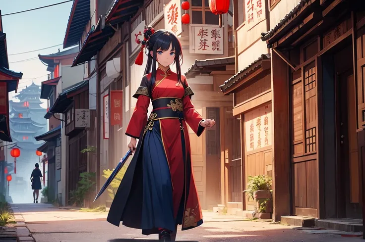 Chinese Geichan girl with a sword wearing red Chinese dress lucky long black hair and blue eyes walking at night through a village in ancient China